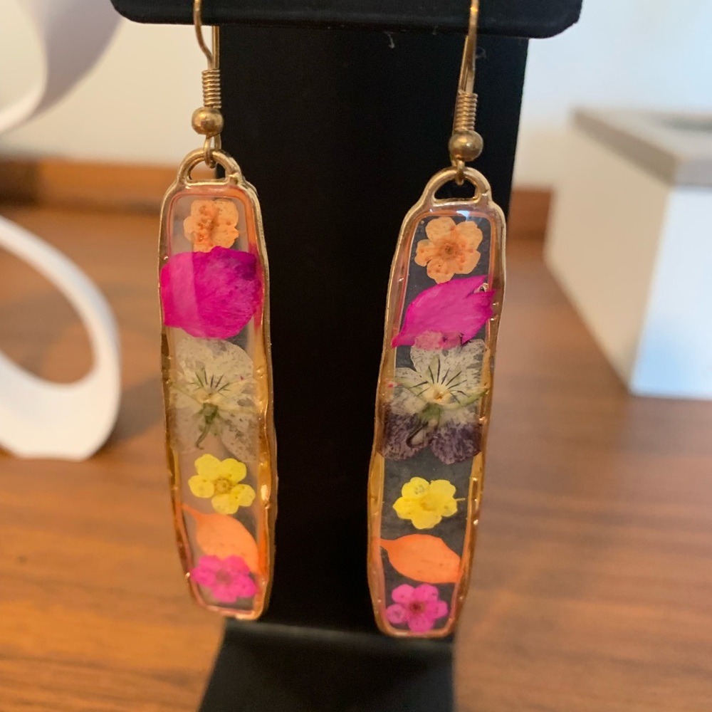 Handmade Gold Resin Earrings with Pink & Yellow Flowers